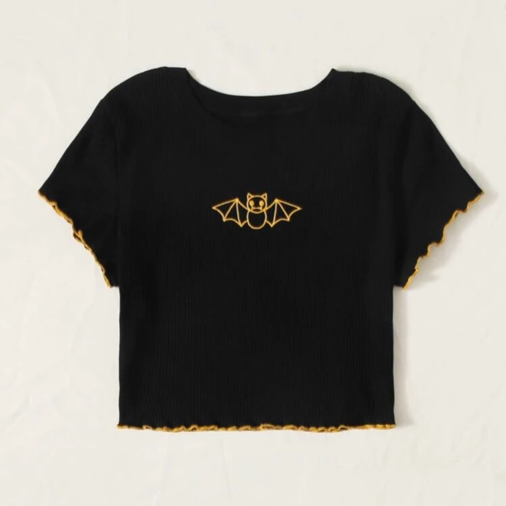 Halloween Cartoon Embroidery Lettuce Trim Tee